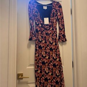 Reformation Black Floral Wrap Maxi Dress with Pink Blossoms